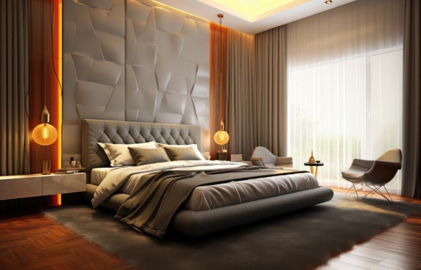 A modern bedroom with a large bed and sleek design