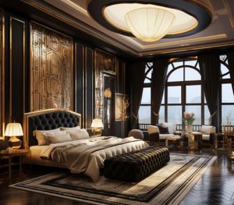 Luxurious bedroom with gold accents and black walls, featuring elegant decor and a cozy ambiance.