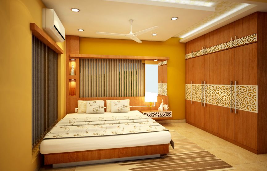 A modern bedroom featuring yellow walls and wooden furniture, showcasing stylish interior design elements.