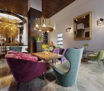 Colorful chairs adorn the hotel lobby, creating a vibrant and inviting atmosphere.