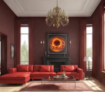 A modern living room with vibrant red couches and a large painting on the wall, showcasing stylish interior design.