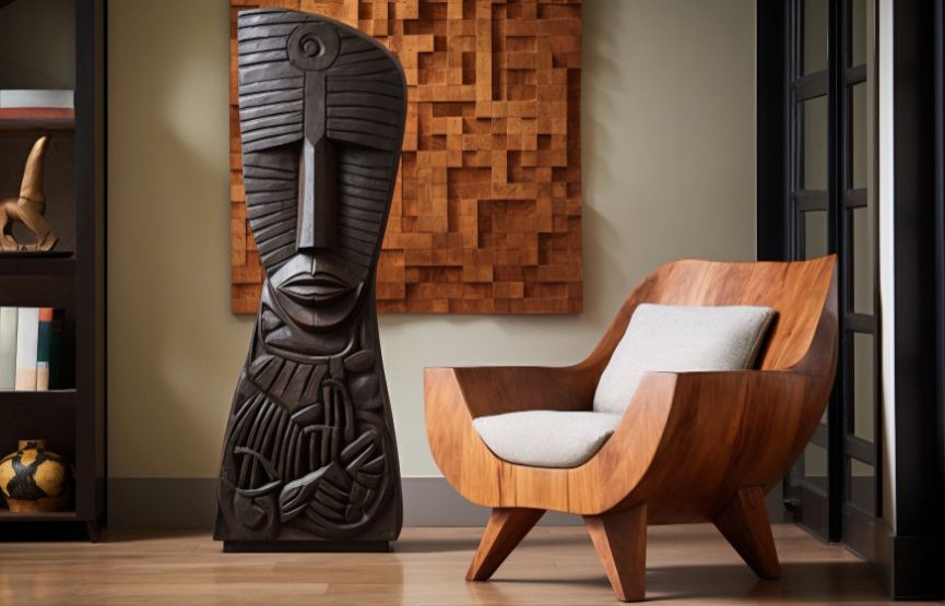 A wooden chair and a large wooden sculpture in a room, showcasing the beauty of natural materials.