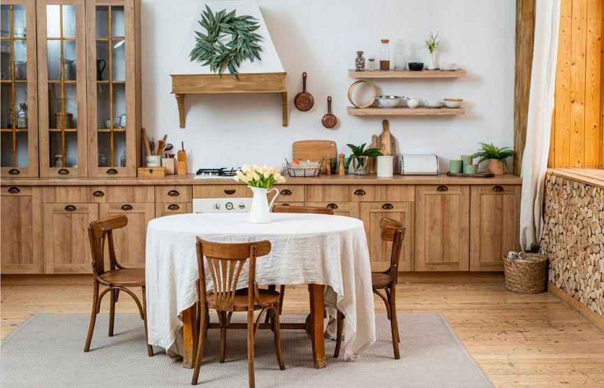 A modular kitchen featuring wooden cabinets and a stylish dining table, showcasing modern interior design elements.