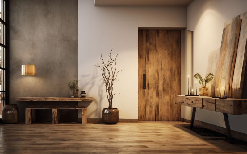 Interior of a room with wooden floors and a wooden door.