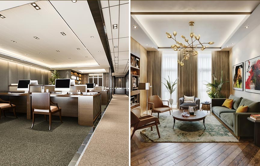 Modern office setting with spacious desk and chairs.