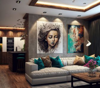 A modern living room with a minimalist design, featuring a sleek sofa, a coffee table, and large windows with natural light.