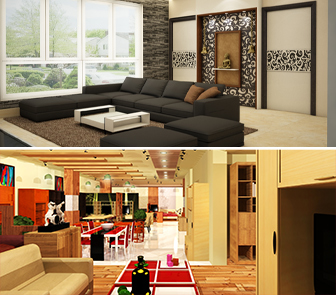 Interior design of a modern office with a living room and dining area, exuding style.