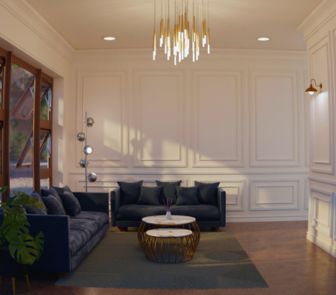 A stylish living room featuring a couch, coffee table, and an elegant chandelier, designed by a renowned Kolkata interior designer.