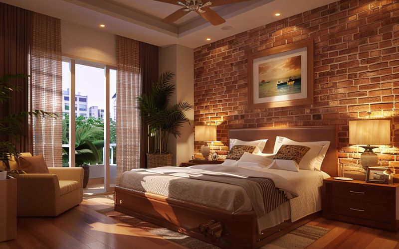 Bedroom with brick wall and wooden floors, showcasing cozy interior design.