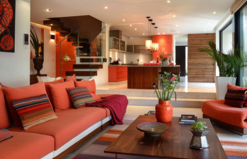 Modern living room with sleek furniture, neutral colors, and natural light streaming in through large windows.