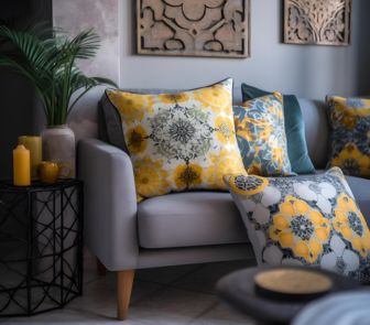 A cozy living room with yellow and grey pillows on the sofa.