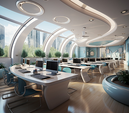 a modern office with numerous computers and a circular window, providing a bright and contemporary workspace