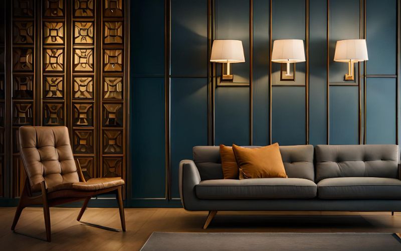 Blue-walled living room with a cozy sofa