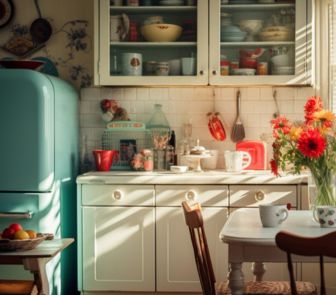 A modular kitchen featuring a blue refrigerator and a stylish dining table, showcasing modern interior design elements.
