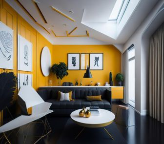 Contemporary living room featuring yellow walls and black furniture.