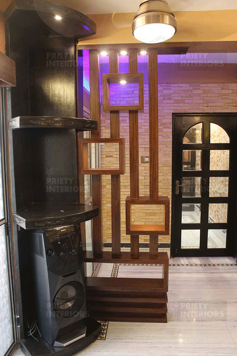Wooden partition with shelves