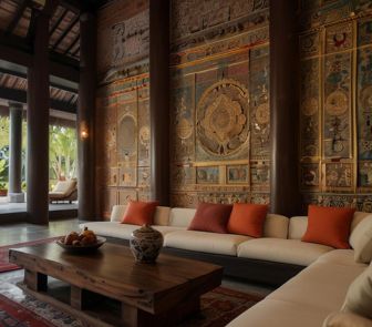 Living room adorned with beautiful oriental art, adding an elegant touch to the decor.