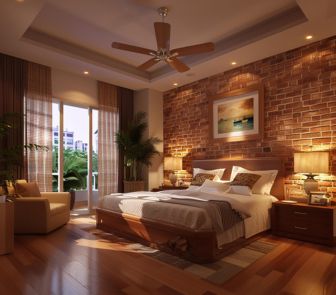 Interior design of bedroom with brick wall and wooden floors, creating a cozy atmosphere.